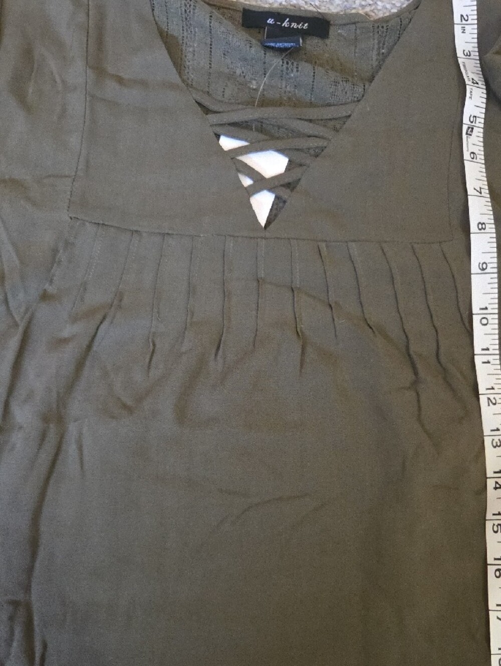 Olive Green Lace-Inset Cottagecore Peasant V-Neck Women's Top Large NWT - Picture 12 of 12